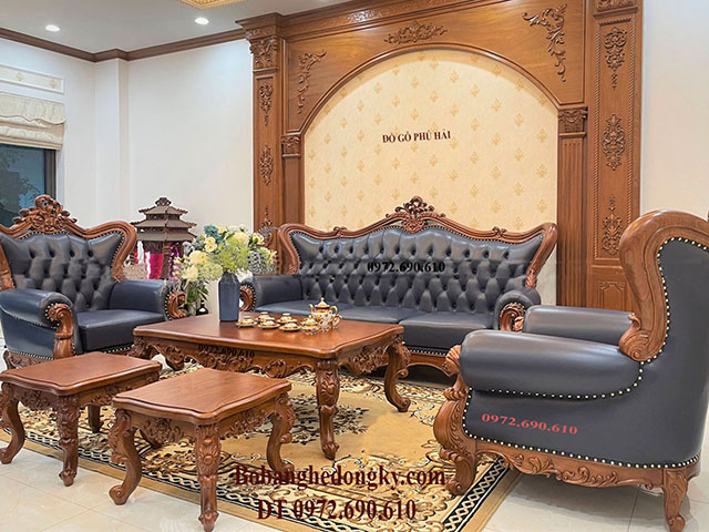 Phòng khách biệt thự đẹp xứng tầm với mẫu Sô pha Bọc Da Thật B663