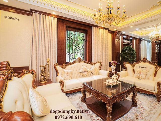 Bộ sofa da tân cổ điển mạ vàng 24K – Cho phòng khách biệt thự đẹp B664