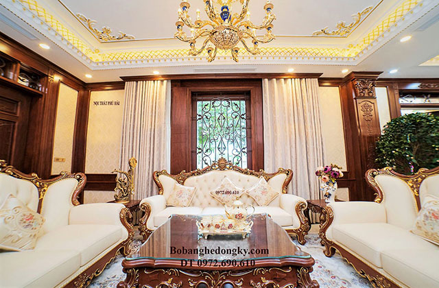 Bộ sofa da tân cổ điển mạ vàng 24K – Cho phòng khách biệt thự đẹp B664