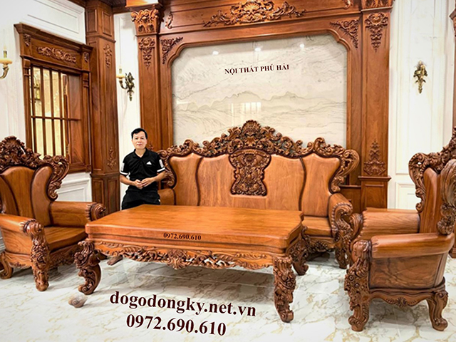 Bàn ghế hoàng gia nguyên khối gỗ gõ đỏ - Đồ gỗ Phú Hải B678.