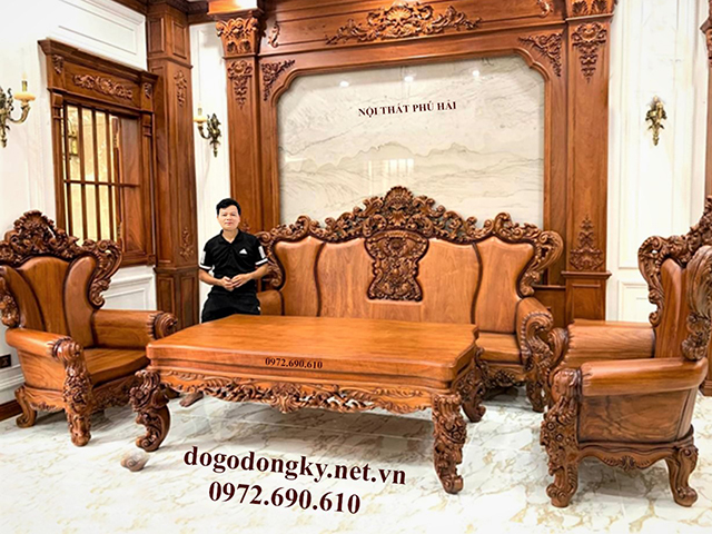 Bàn ghế hoàng gia nguyên khối gỗ gõ đỏ - Đồ gỗ Phú Hải B678.