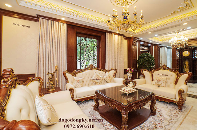 Bộ sofa da tân cổ điển mạ vàng 24K – Cho phòng khách biệt t...